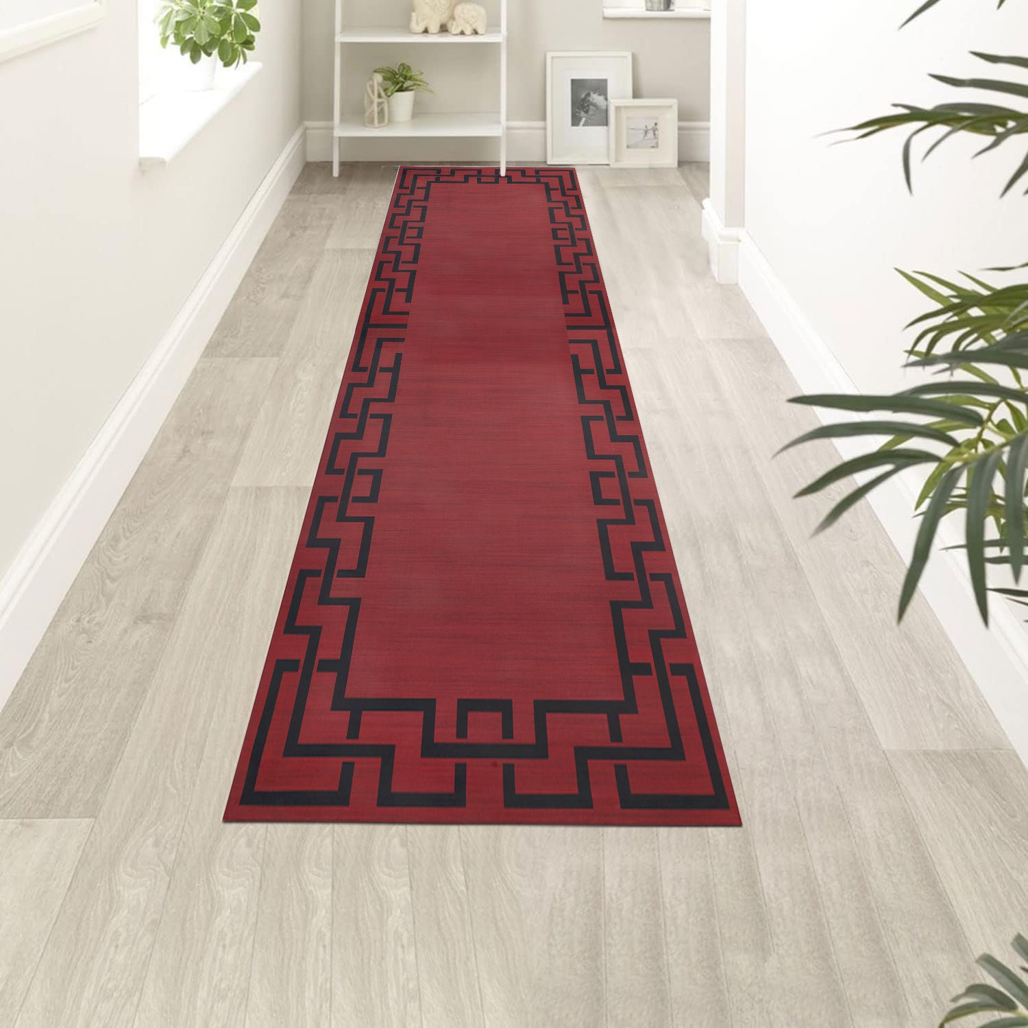 Maroon & Black Greek Key Border Rug - Large Modern Carpet for Hallway & Lounge