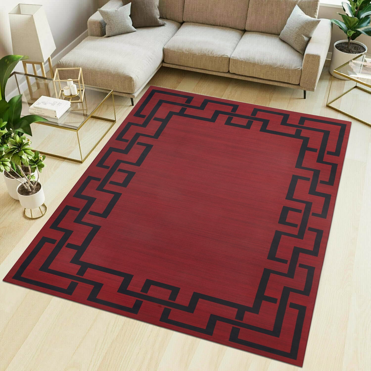 Maroon & Black Greek Key Border Rug - Large Modern Carpet for Hallway & Lounge
