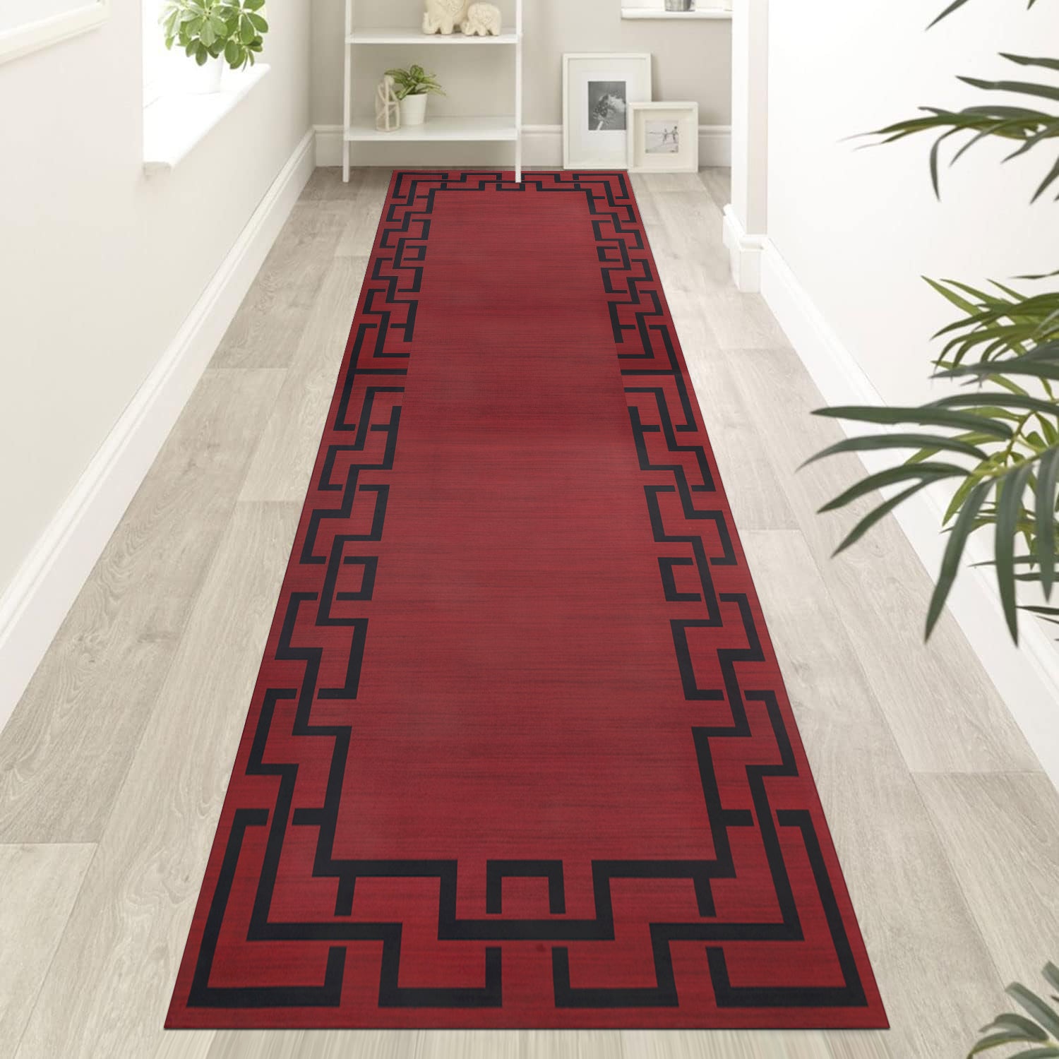 Maroon & Black Greek Key Border Rug - Large Modern Carpet for Hallway & Lounge