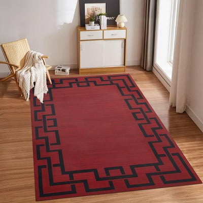 Maroon & Black Greek Key Border Rug - Large Modern Carpet for Hallway & Lounge