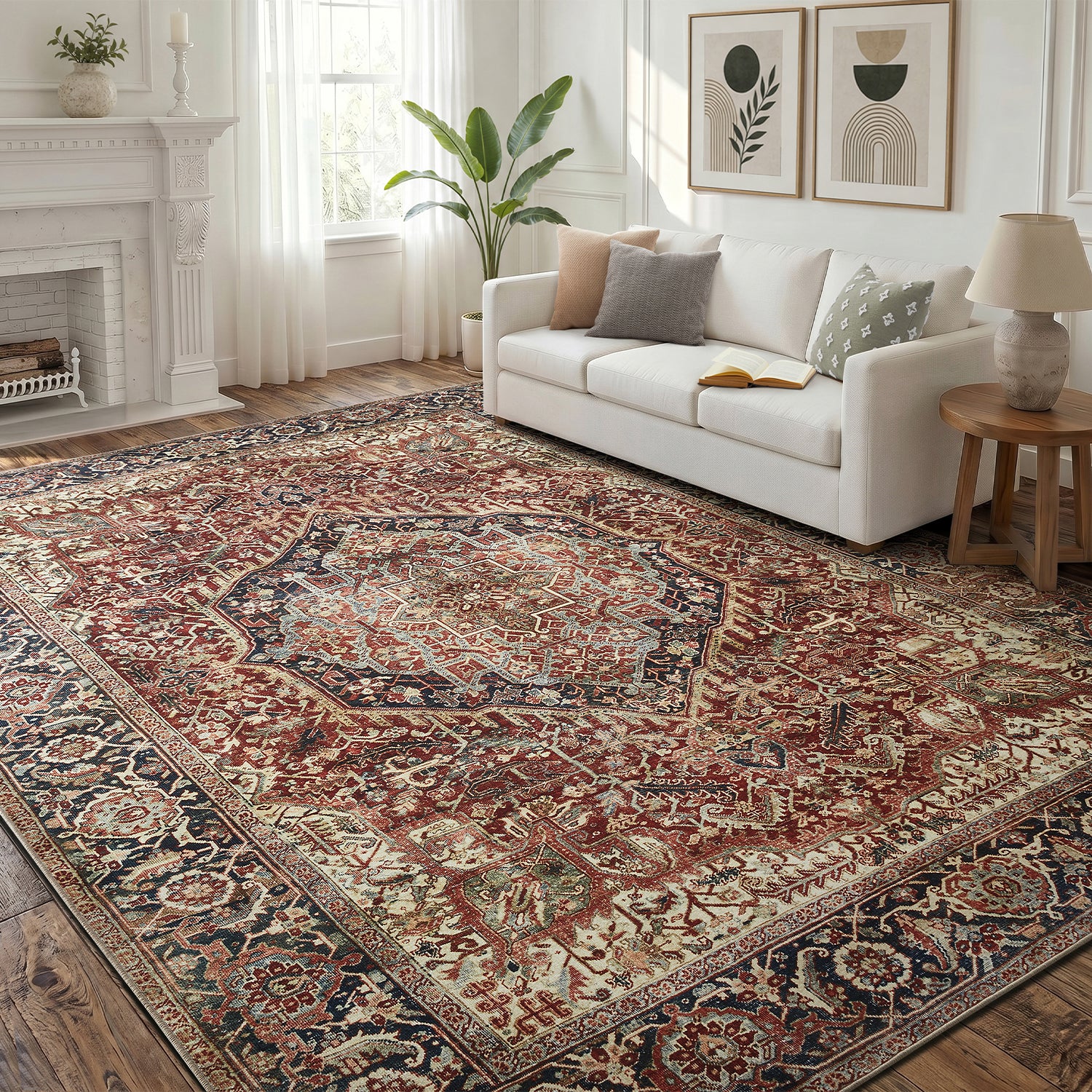 Rust & Navy Heriz Medallion Washable Rug - Traditional Persian Geometric Carpet
