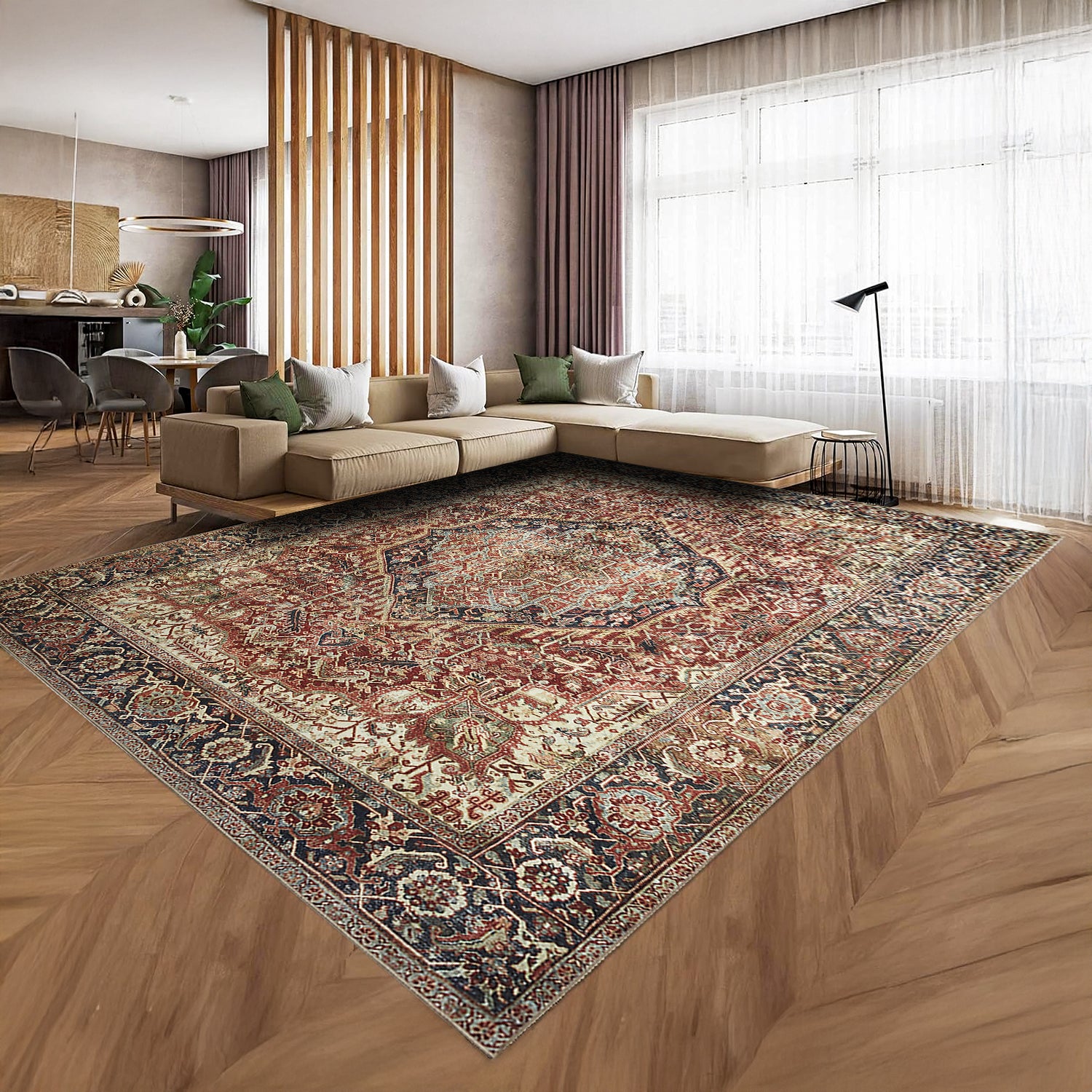 Rust & Navy Heriz Medallion Washable Rug - Traditional Persian Geometric Carpet