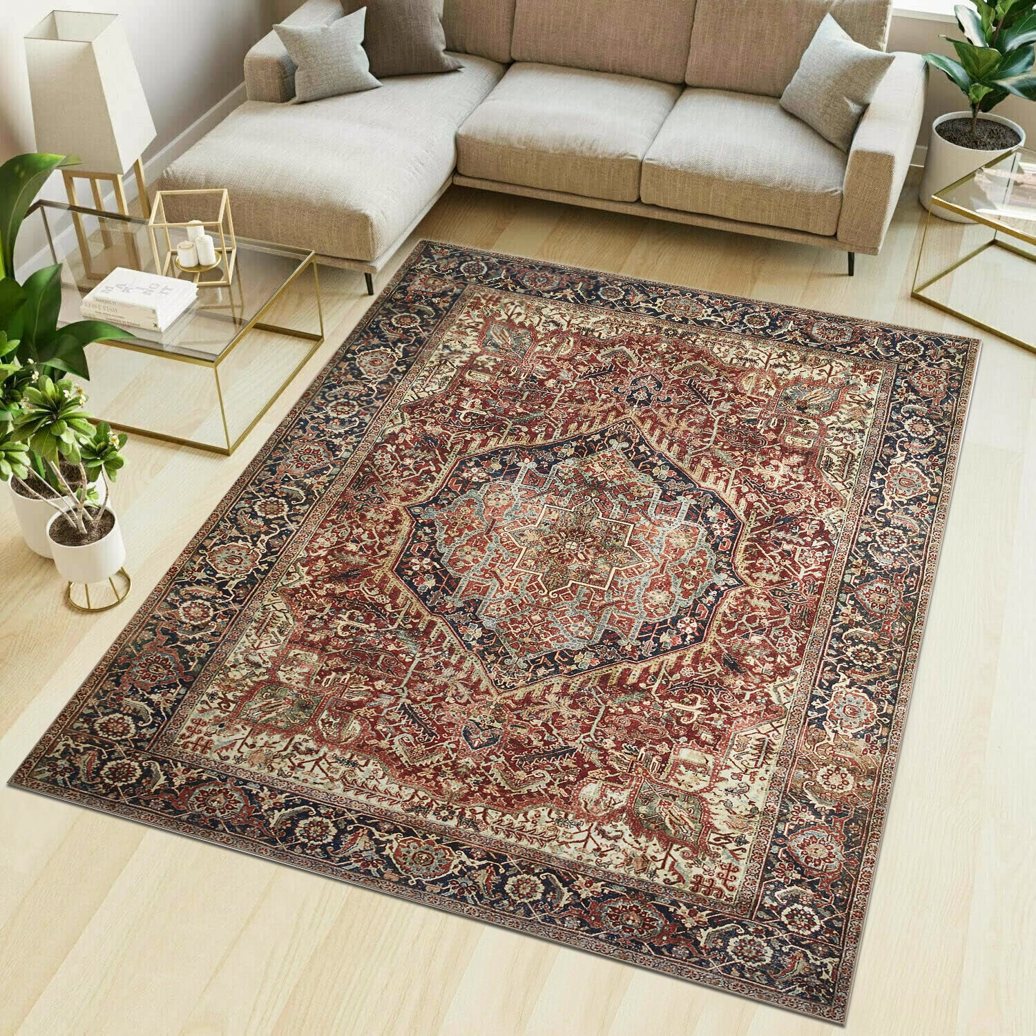 Rust & Navy Heriz Medallion Washable Rug - Traditional Persian Geometric Carpet