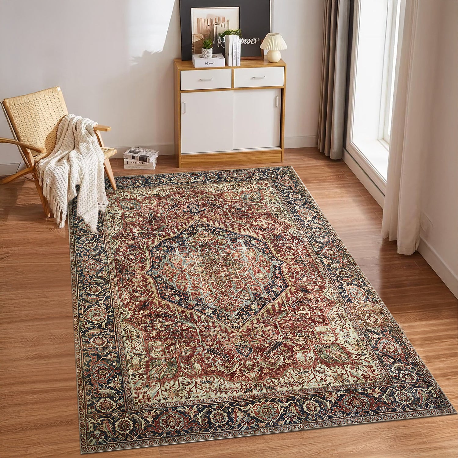 Rust & Navy Heriz Medallion Washable Rug - Traditional Persian Geometric Carpet