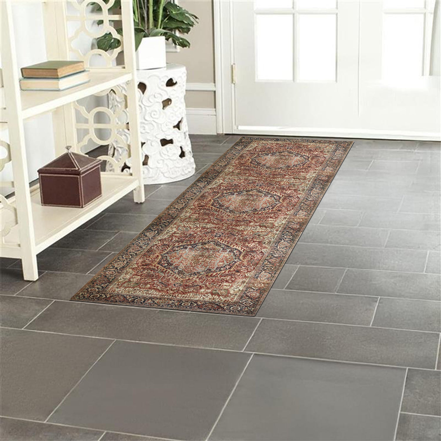 Rust & Navy Heriz Medallion Washable Rug - Traditional Persian Geometric Carpet