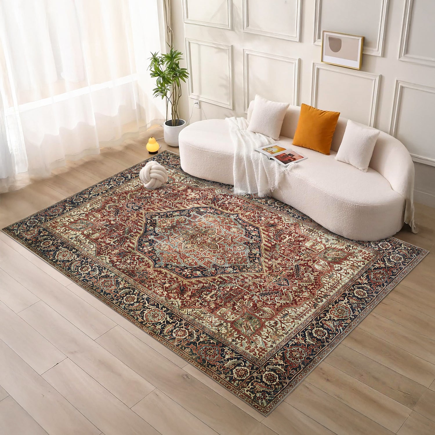 Rust & Navy Heriz Medallion Washable Rug - Traditional Persian Geometric Carpet