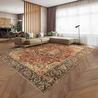 Rust & Navy Heriz Medallion Washable Rug - Traditional Persian Geometric Carpet