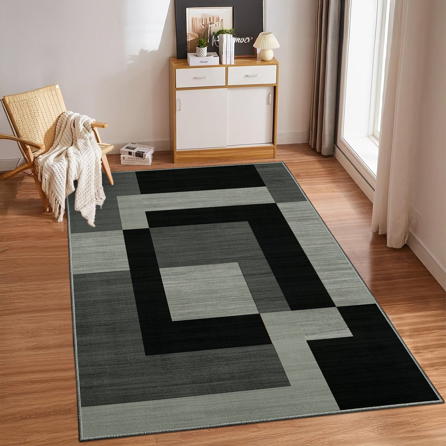 Black Modern Geometric Rug - Stylish Block Pattern Living Room Carpet