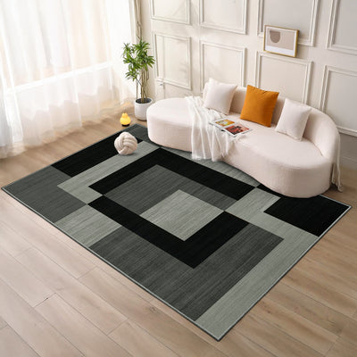 Black Modern Geometric Rug - Stylish Block Pattern Living Room Carpet
