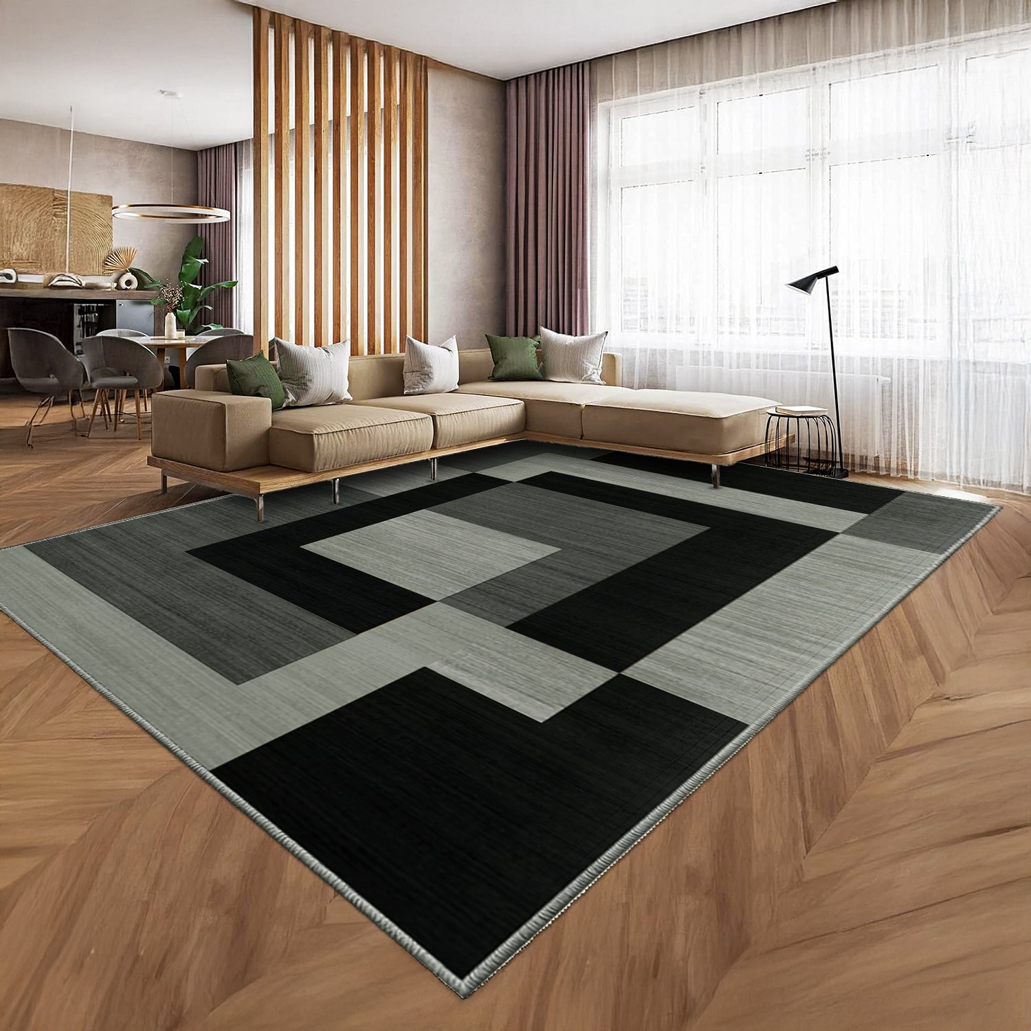 Black Modern Geometric Rug - Stylish Block Pattern Living Room Carpet