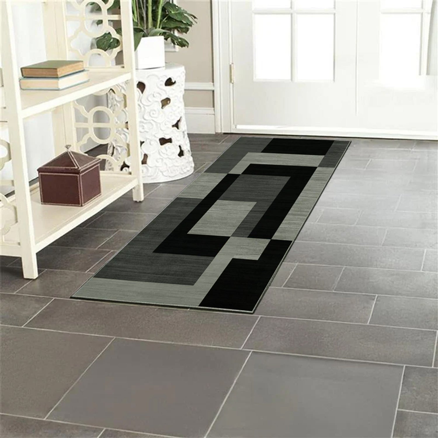 Black Modern Geometric Rug - Stylish Block Pattern Living Room Carpet