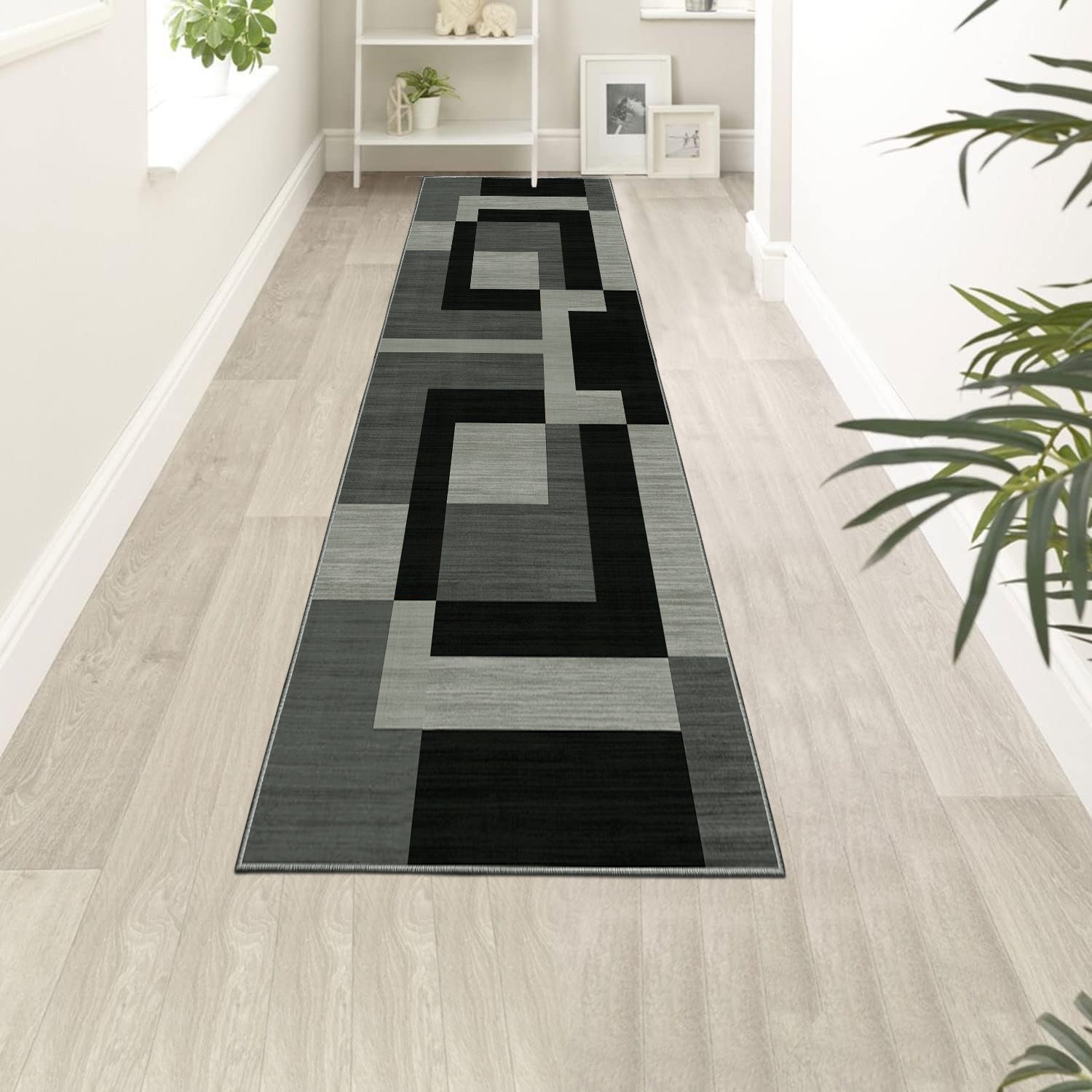 Black Modern Geometric Rug - Stylish Block Pattern Living Room Carpet