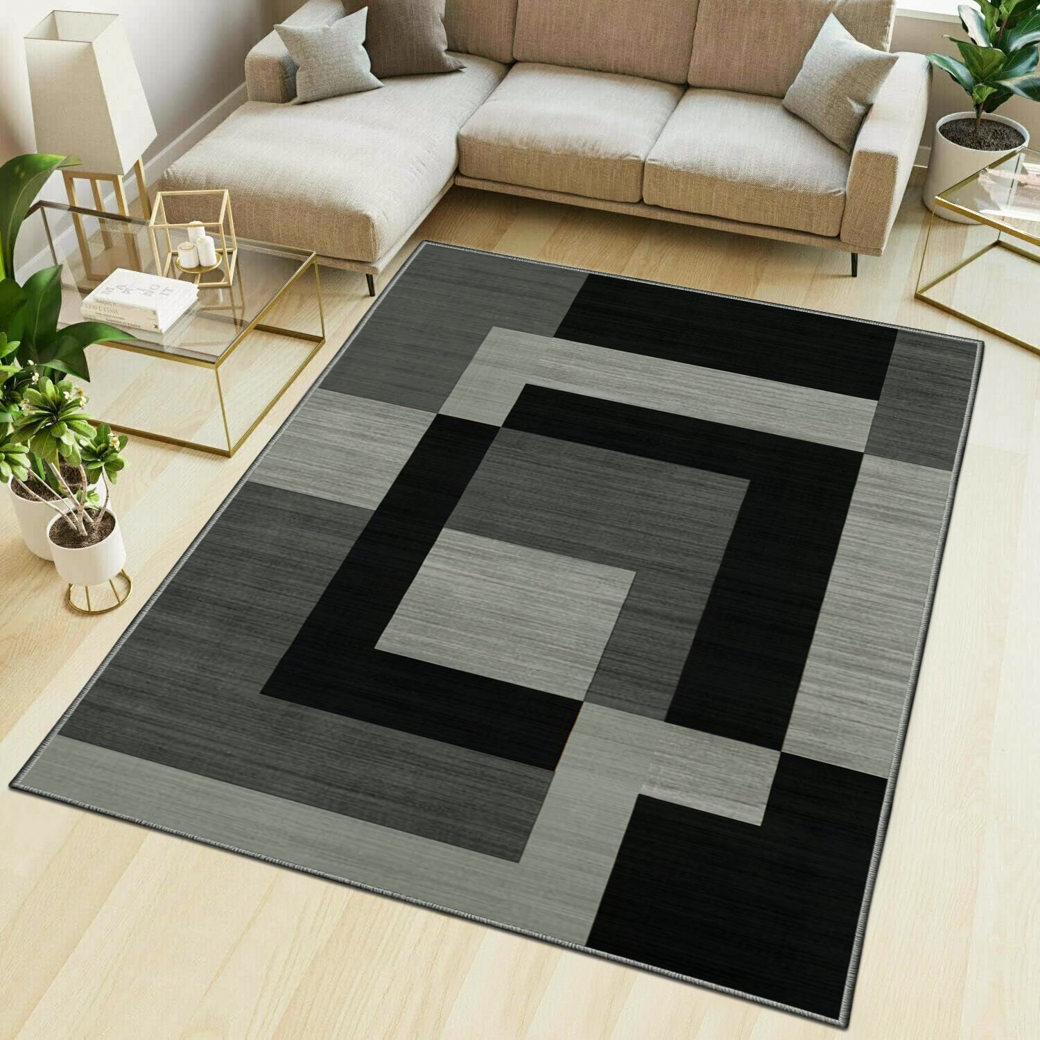 Black Modern Geometric Rug - Stylish Block Pattern Living Room Carpet