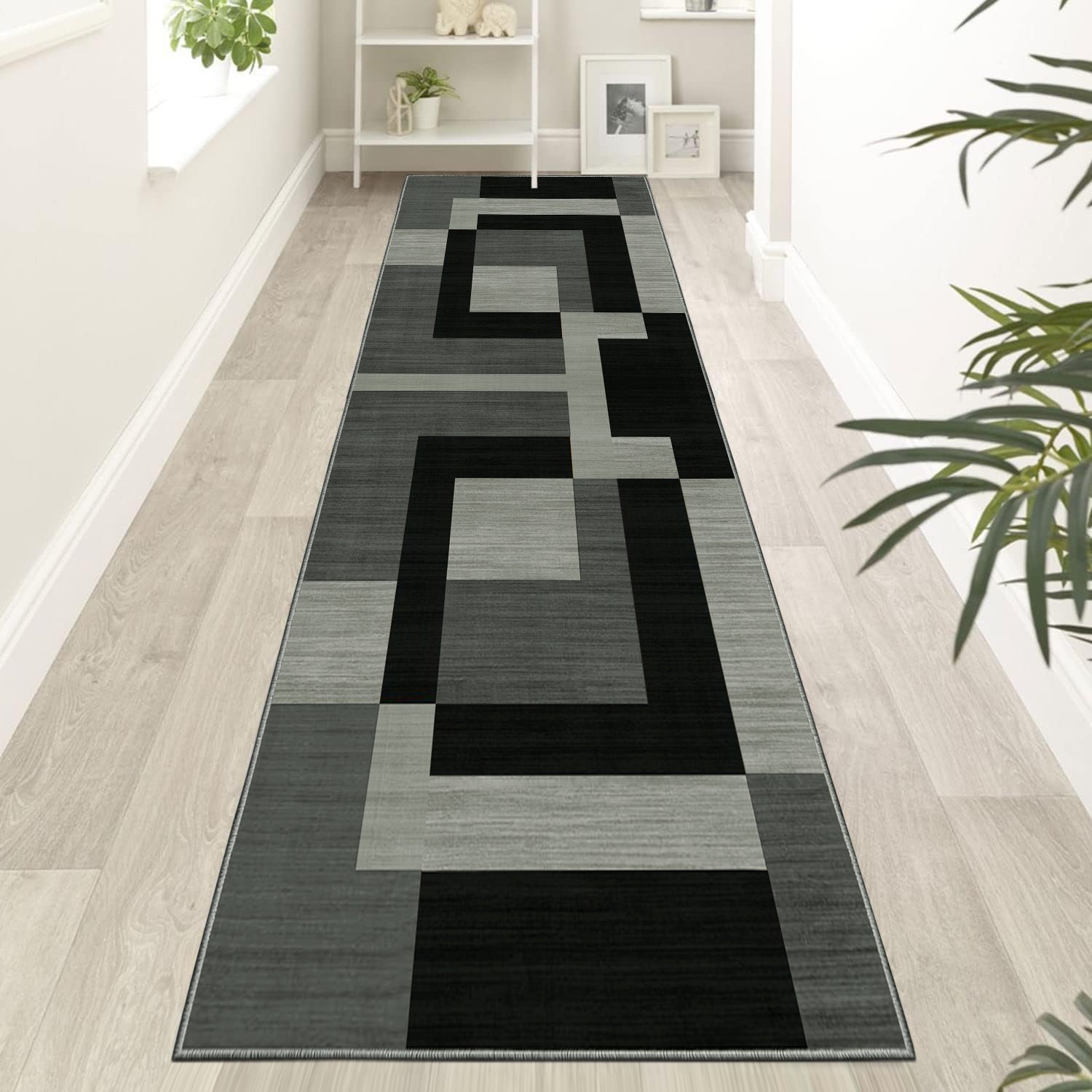 Black Modern Geometric Rug - Stylish Block Pattern Living Room Carpet