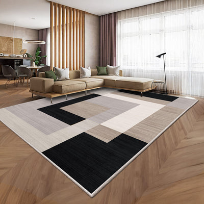 Beige, Cream & Black Modern Geometric Block Rug - Neutral Contemporary Carpet