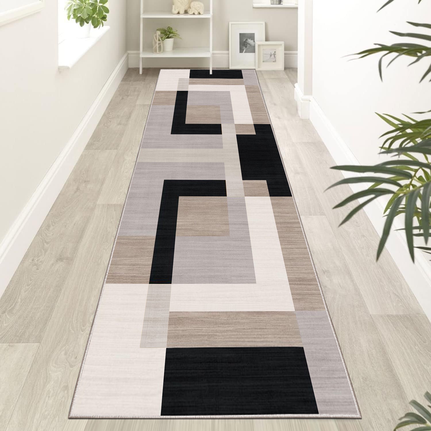 Beige, Cream & Black Modern Geometric Block Rug - Neutral Contemporary Carpet