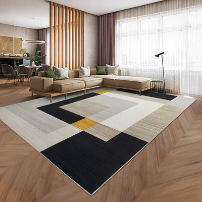 Black, Beige & Ochre Geometric Block Rug - Modern Contemporary Area Carpet