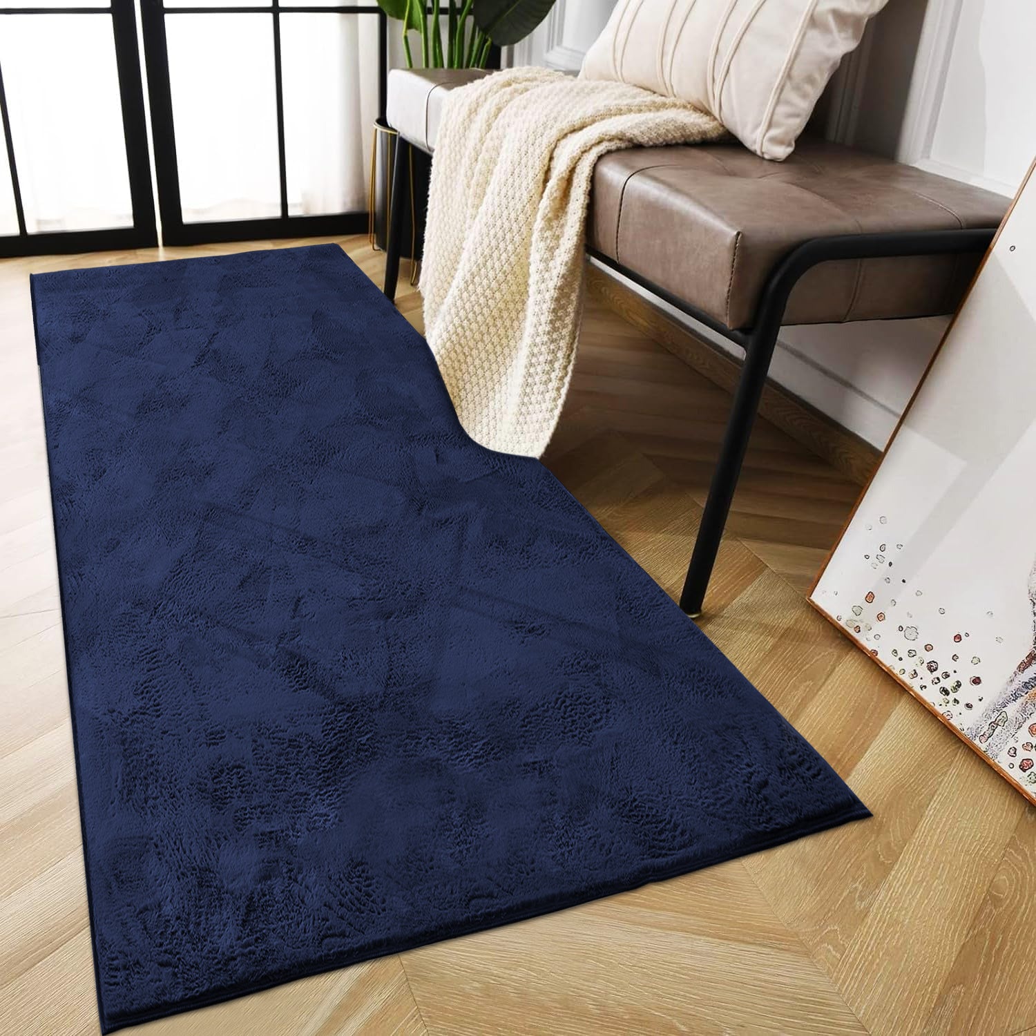 Navy Rabbit Faux Fur Rug Fluffy Plush Bedroom Runner