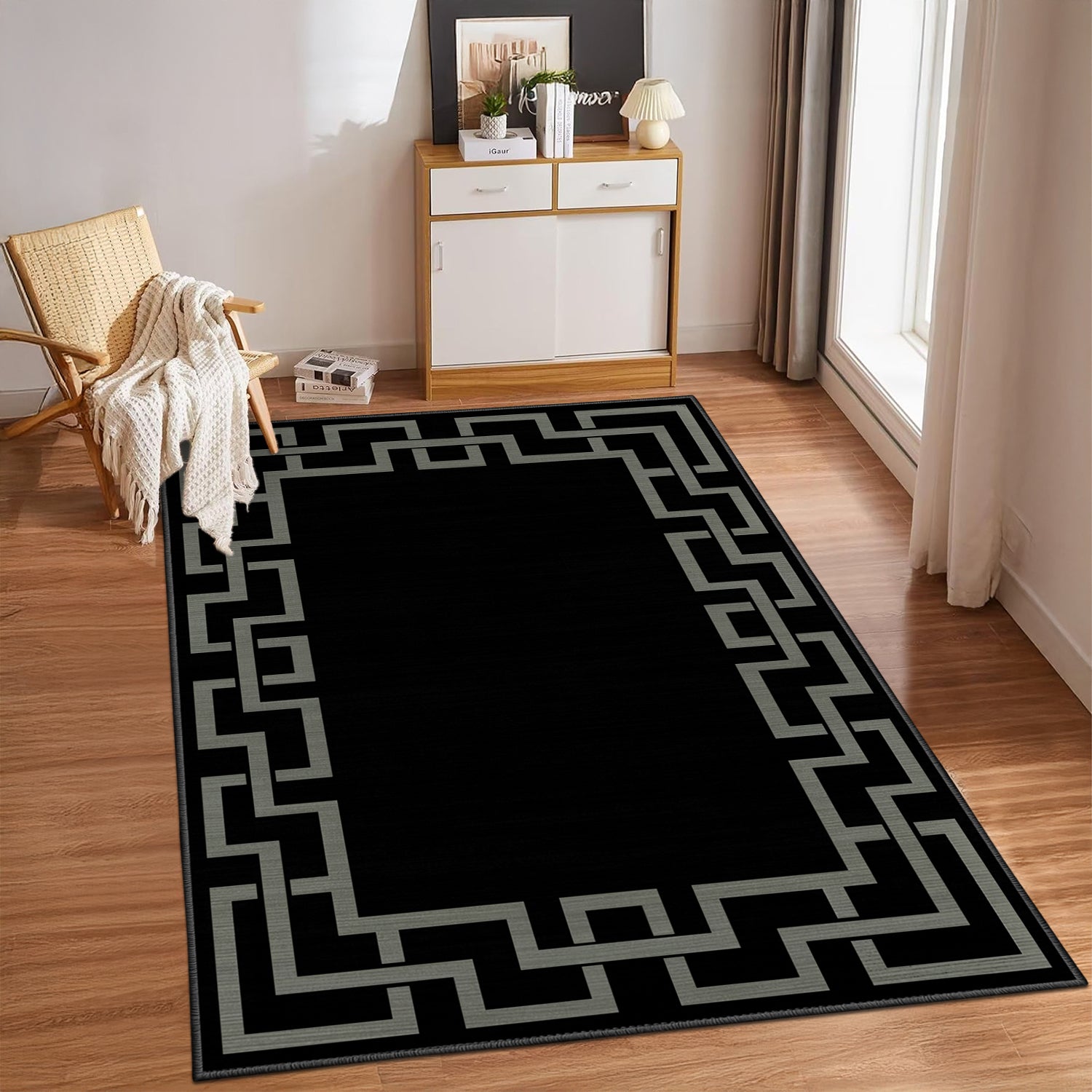 Black Greek Key Border Modern Rug - Large Living Room & Hallway Carpet