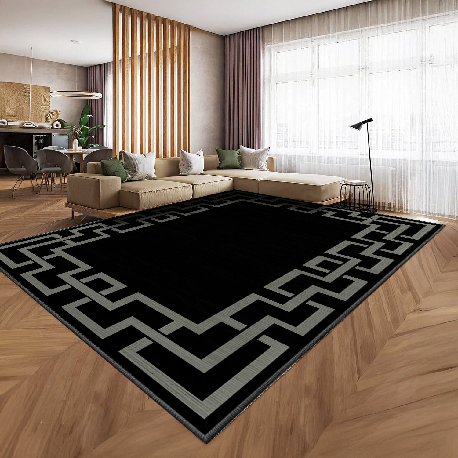 Black Greek Key Border Modern Rug - Large Living Room & Hallway Carpet