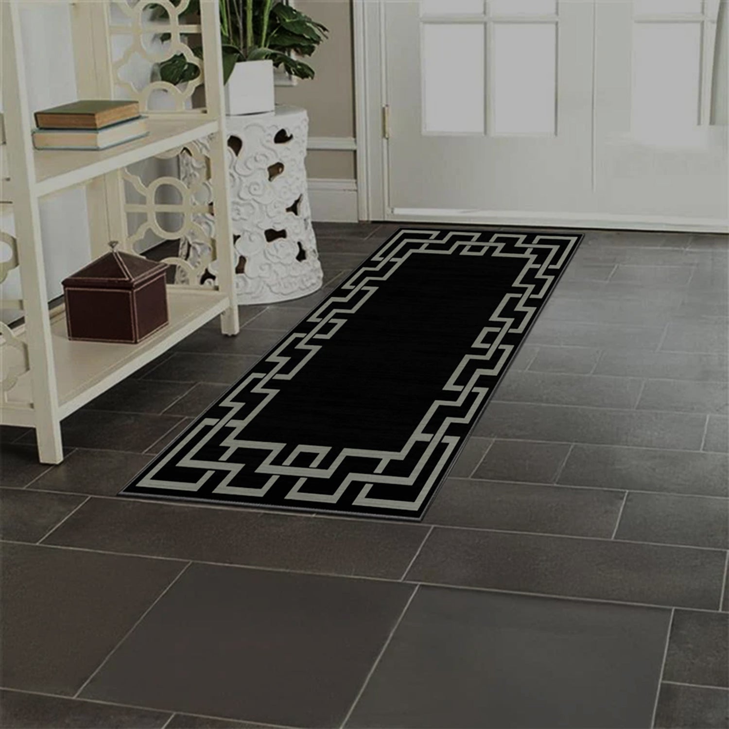 Black Greek Key Border Modern Rug - Large Living Room & Hallway Carpet