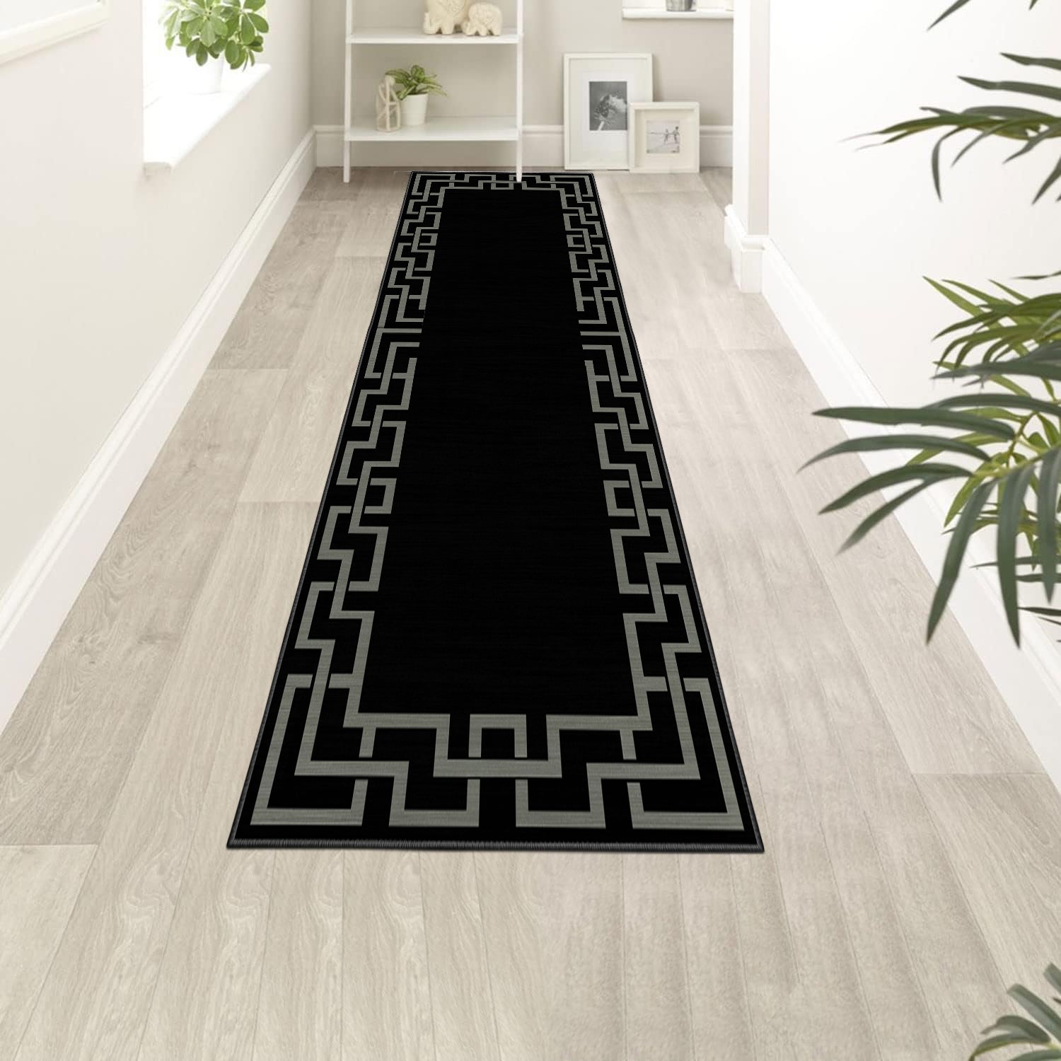 Black Greek Key Border Modern Rug - Large Living Room & Hallway Carpet
