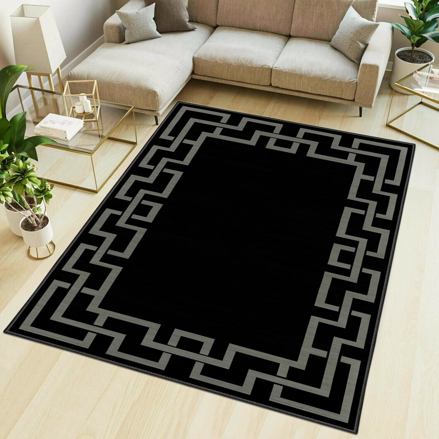 Black Greek Key Border Modern Rug - Large Living Room & Hallway Carpet