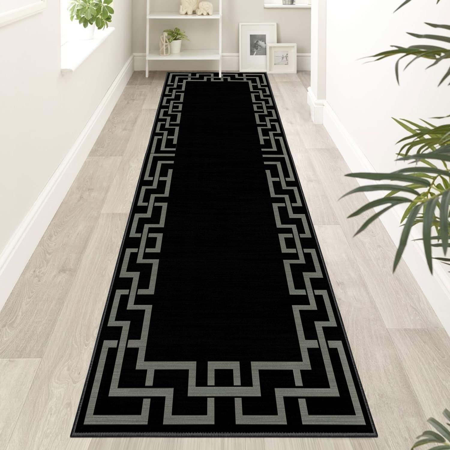 Black Greek Key Border Modern Rug - Large Living Room & Hallway Carpet