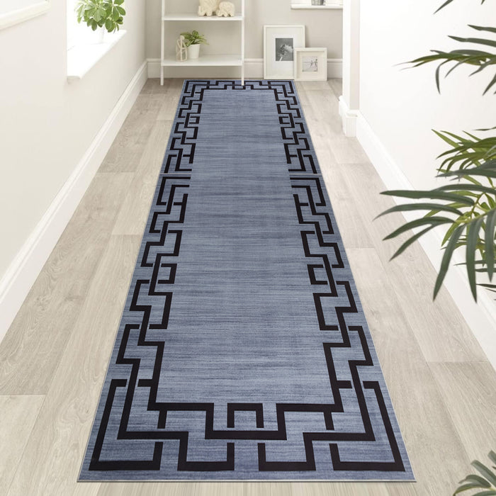 Slate Grey & Black Greek Key Rug - Modern Patterned Runner & Living Room Carpet