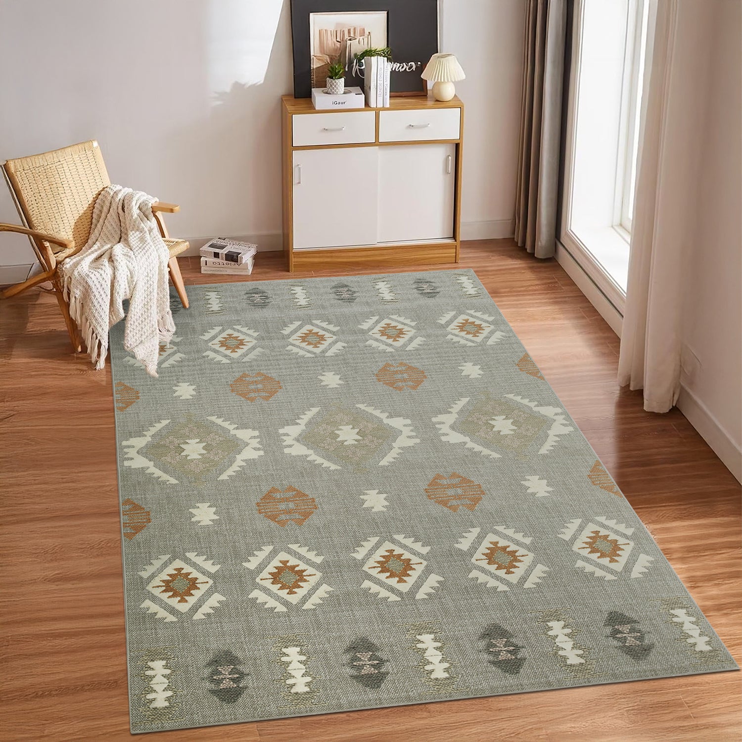 Light Green & ivory Tribal Kilim Rug - Modern Boho Bedroom Area Carpet