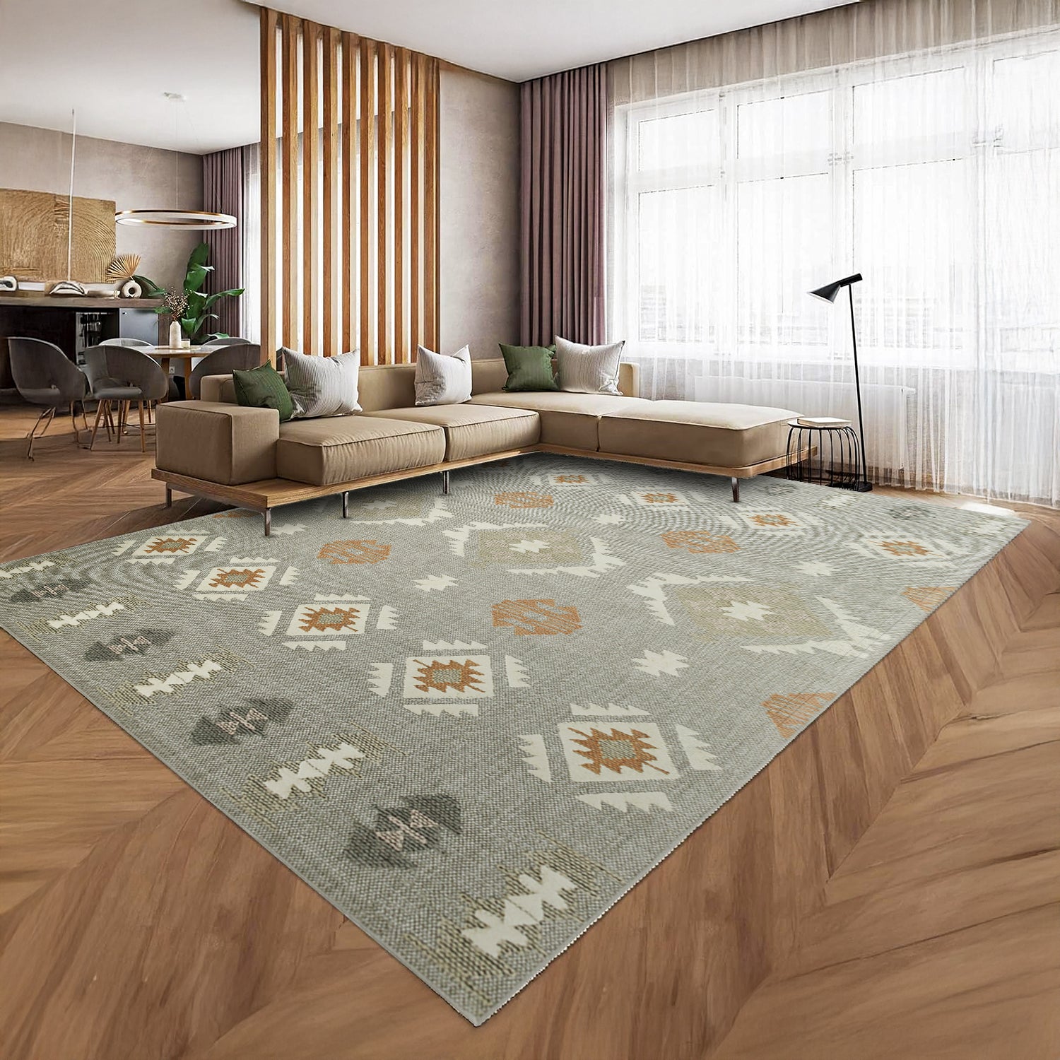 Light Green & ivory Tribal Kilim Rug - Modern Boho Bedroom Area Carpet