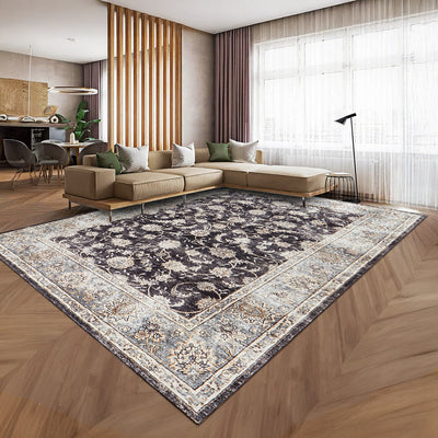 Brown & Grey Persian Floral Washable Rug - Traditional All-Over Pattern Carpet