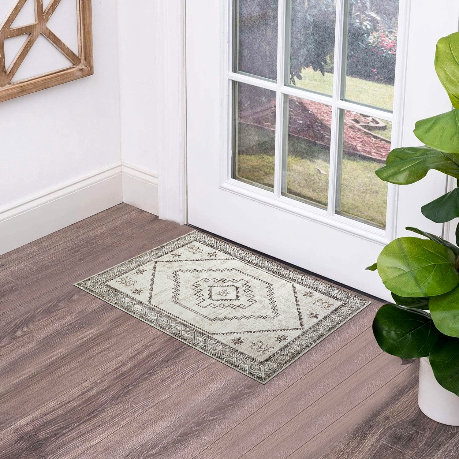 Neutral Cream & Brown Tribal Kilim Washable Runner Rug - Scandinavian Boho Carpet