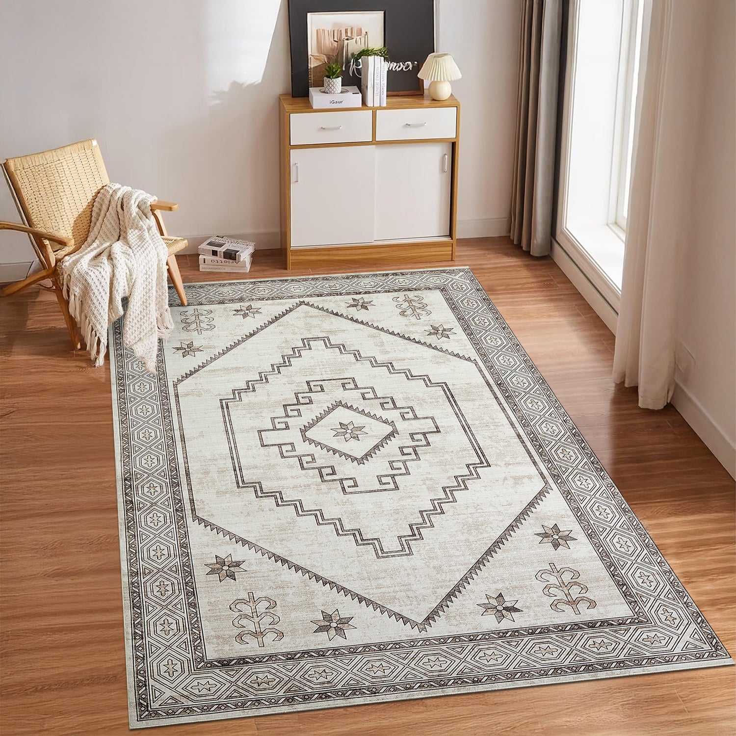 Neutral Cream & Brown Tribal Kilim Washable Runner Rug - Scandinavian Boho Carpet