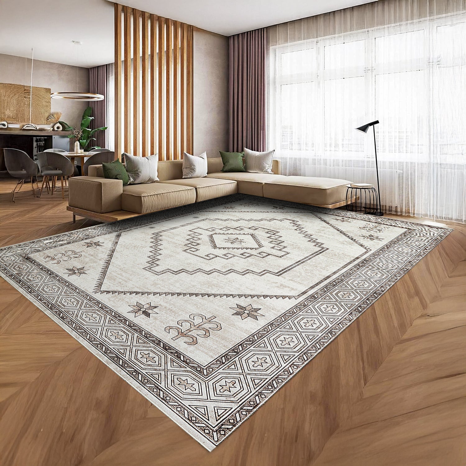 Neutral Cream & Brown Tribal Kilim Washable Runner Rug - Scandinavian Boho Carpet