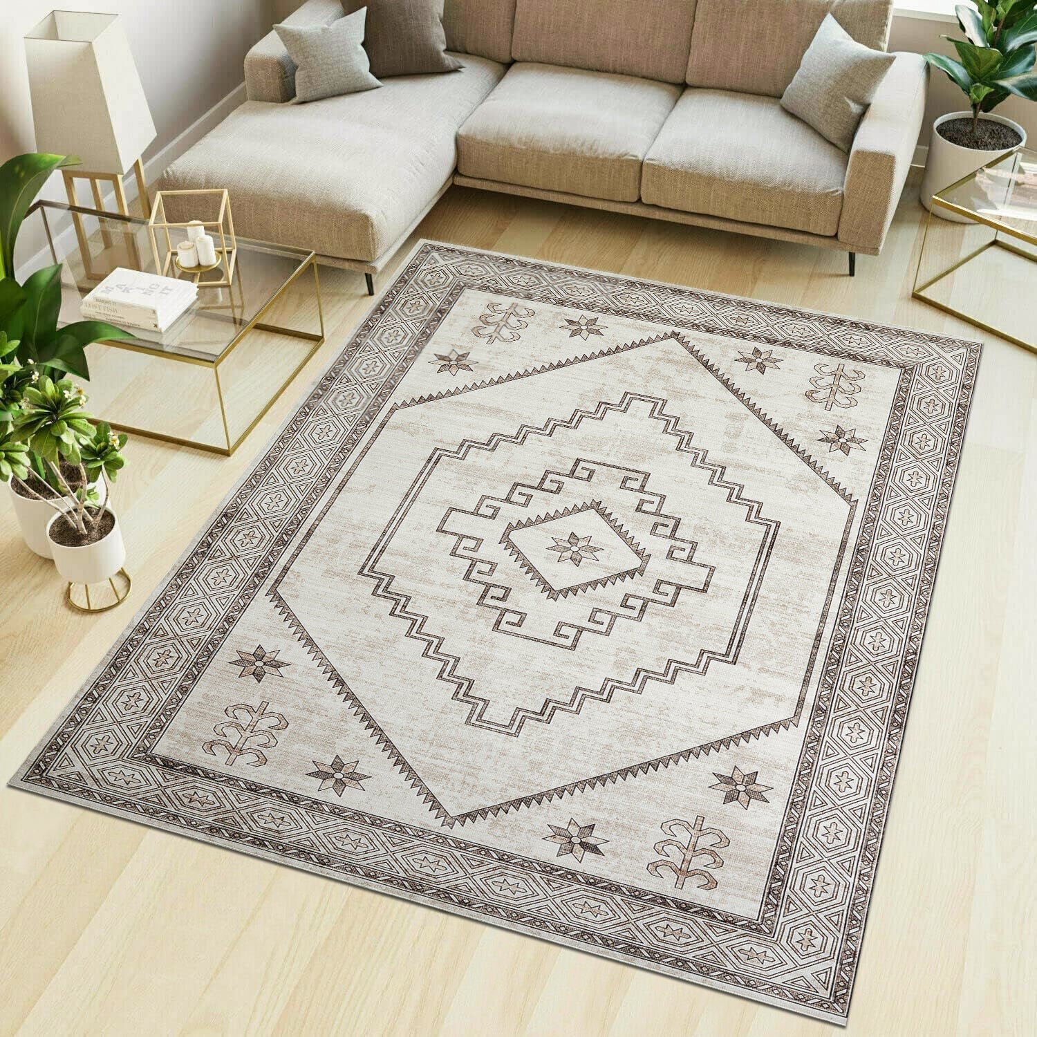 Neutral Cream & Brown Tribal Kilim Washable Runner Rug - Scandinavian Boho Carpet