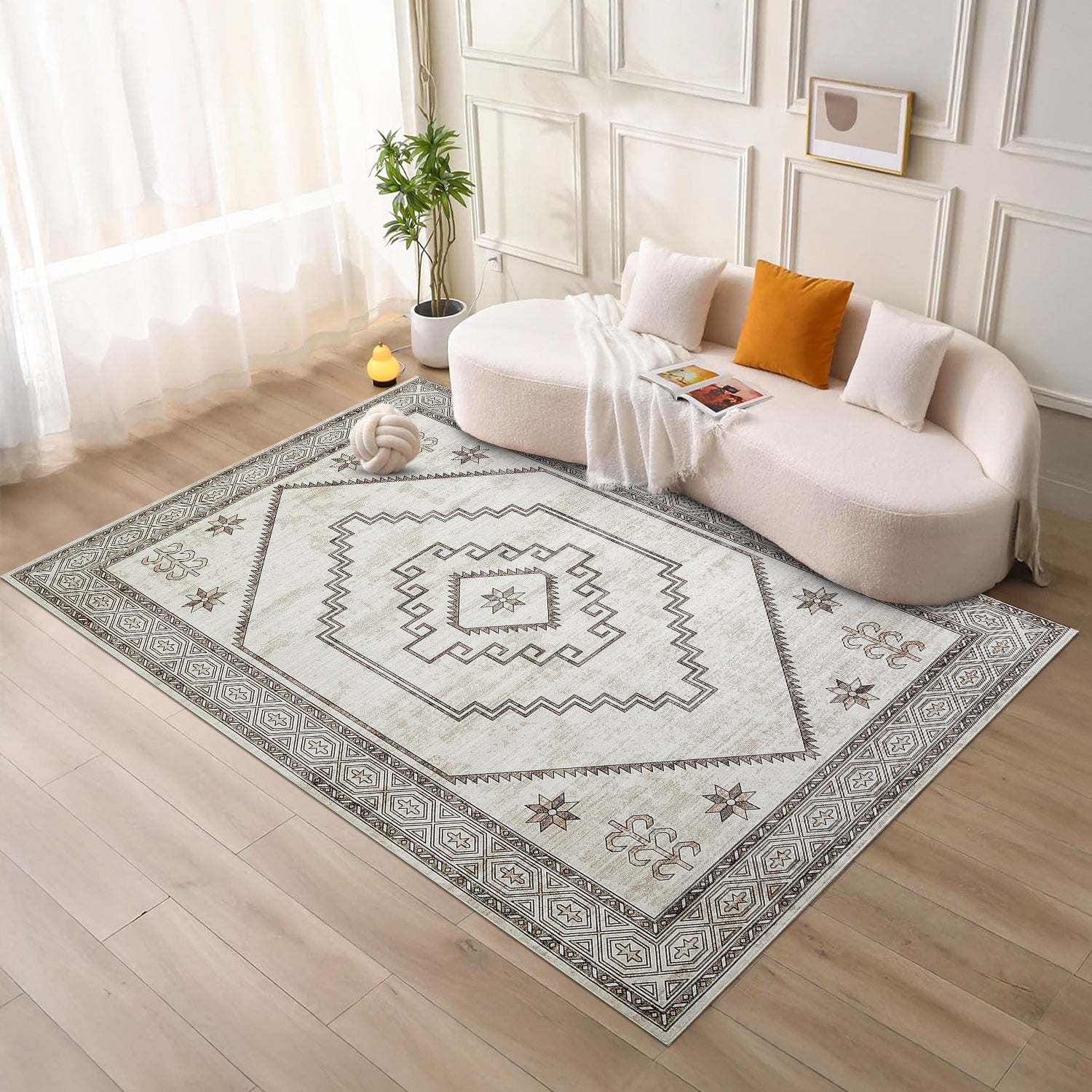 Neutral Cream & Brown Tribal Kilim Washable Runner Rug - Scandinavian Boho Carpet