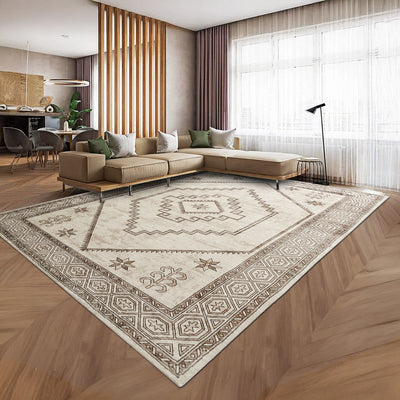 Neutral Cream & Brown Tribal Kilim Washable Runner Rug - Scandinavian Boho Carpet