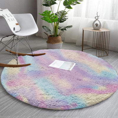Rainbow Tie-Dye Round Fluffy Rug - Modern Shag Circle Carpet