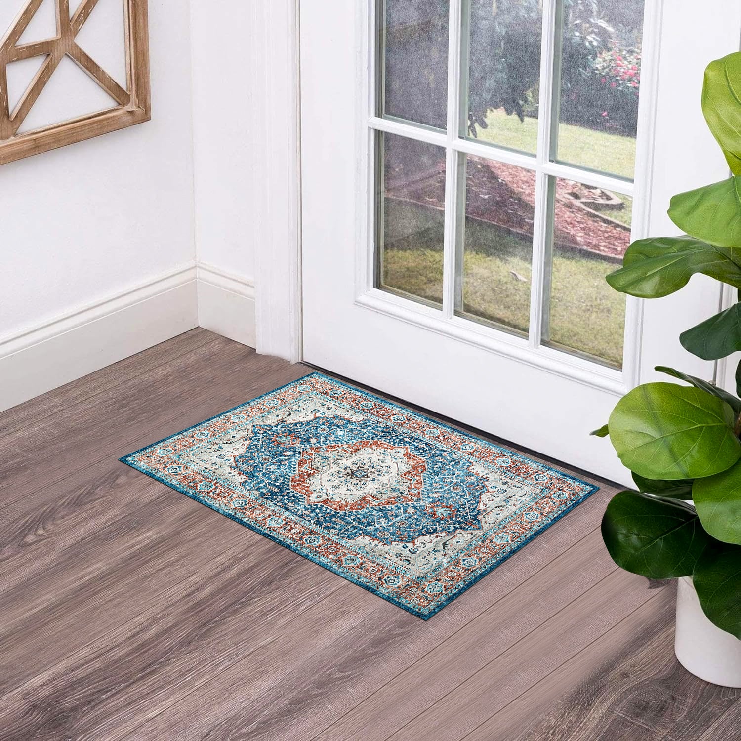 Turquoise & Terracotta Heriz Medallion Washable Carpet Rug - Classic Persian Style