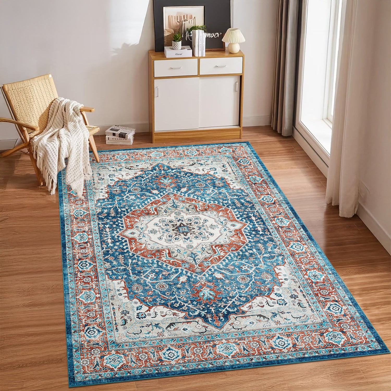 Turquoise & Terracotta Heriz Medallion Washable Carpet Rug - Classic Persian Style
