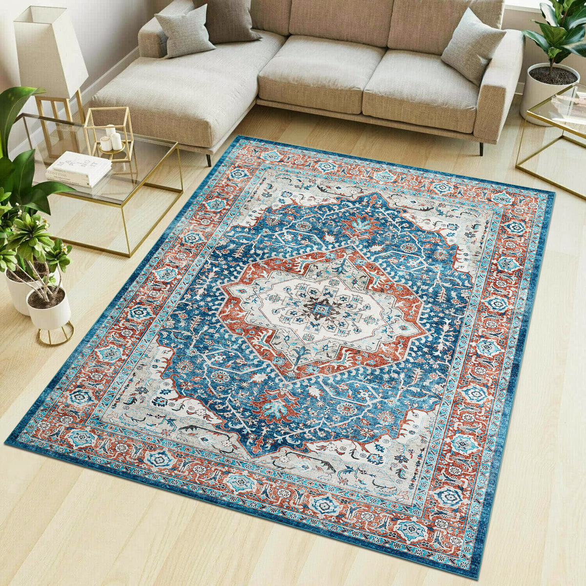 Turquoise & Terracotta Heriz Medallion Washable Carpet Rug - Classic Persian Style