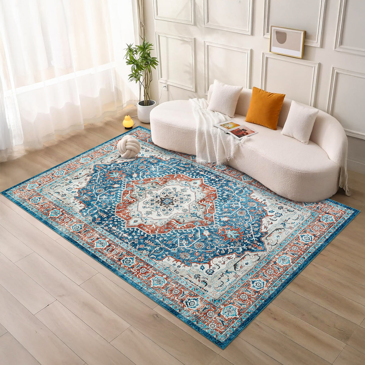 Turquoise & Terracotta Heriz Medallion Washable Carpet Rug - Classic Persian Style