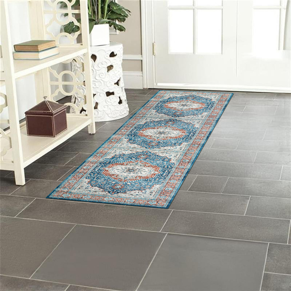 Turquoise & Terracotta Heriz Medallion Washable Carpet Rug - Classic Persian Style