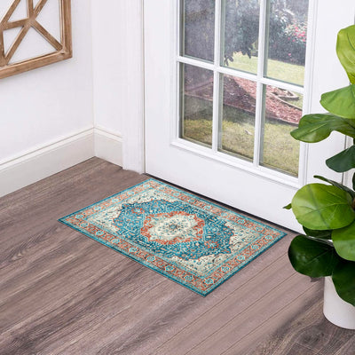 Turquoise & Terracotta Heriz Medallion Washable Carpet Rug - Classic Persian Style