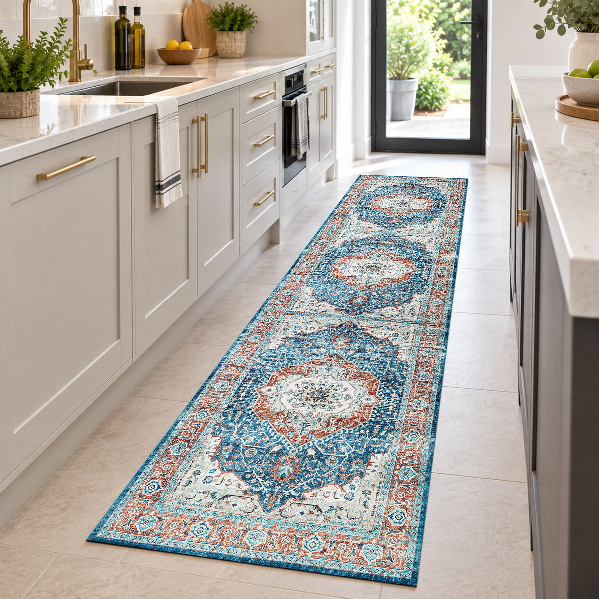 Turquoise & Terracotta Heriz Medallion Washable Carpet Rug - Classic Persian Style