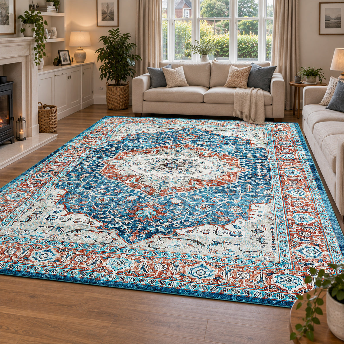 Turquoise & Terracotta Heriz Medallion Washable Carpet Rug - Classic Persian Style
