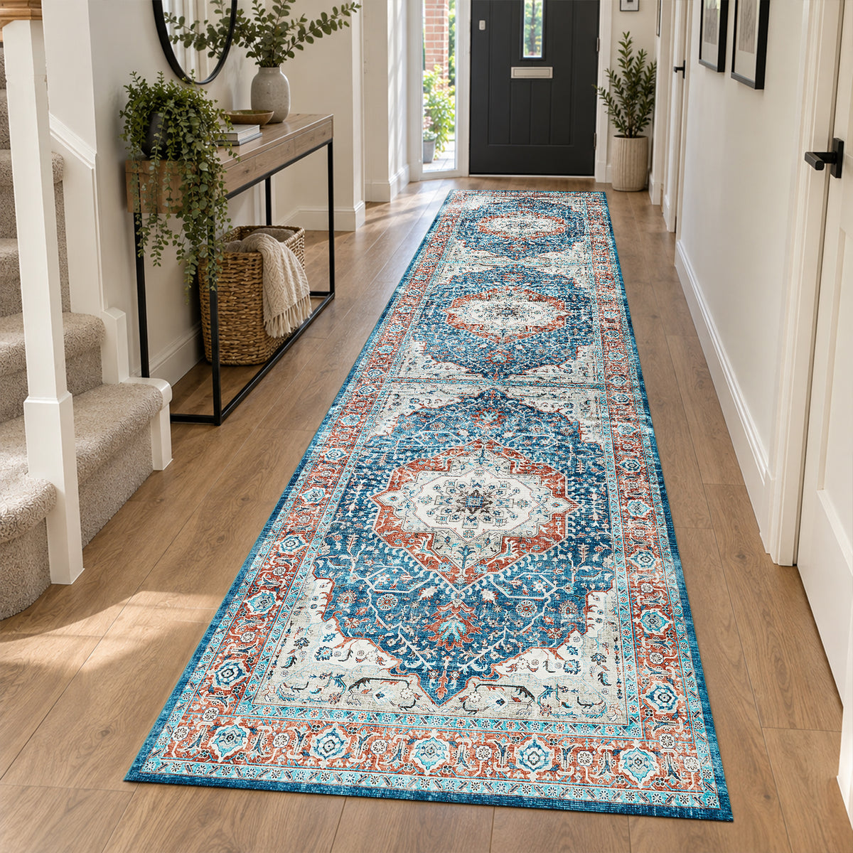 Turquoise & Terracotta Heriz Medallion Washable Carpet Rug - Classic Persian Style
