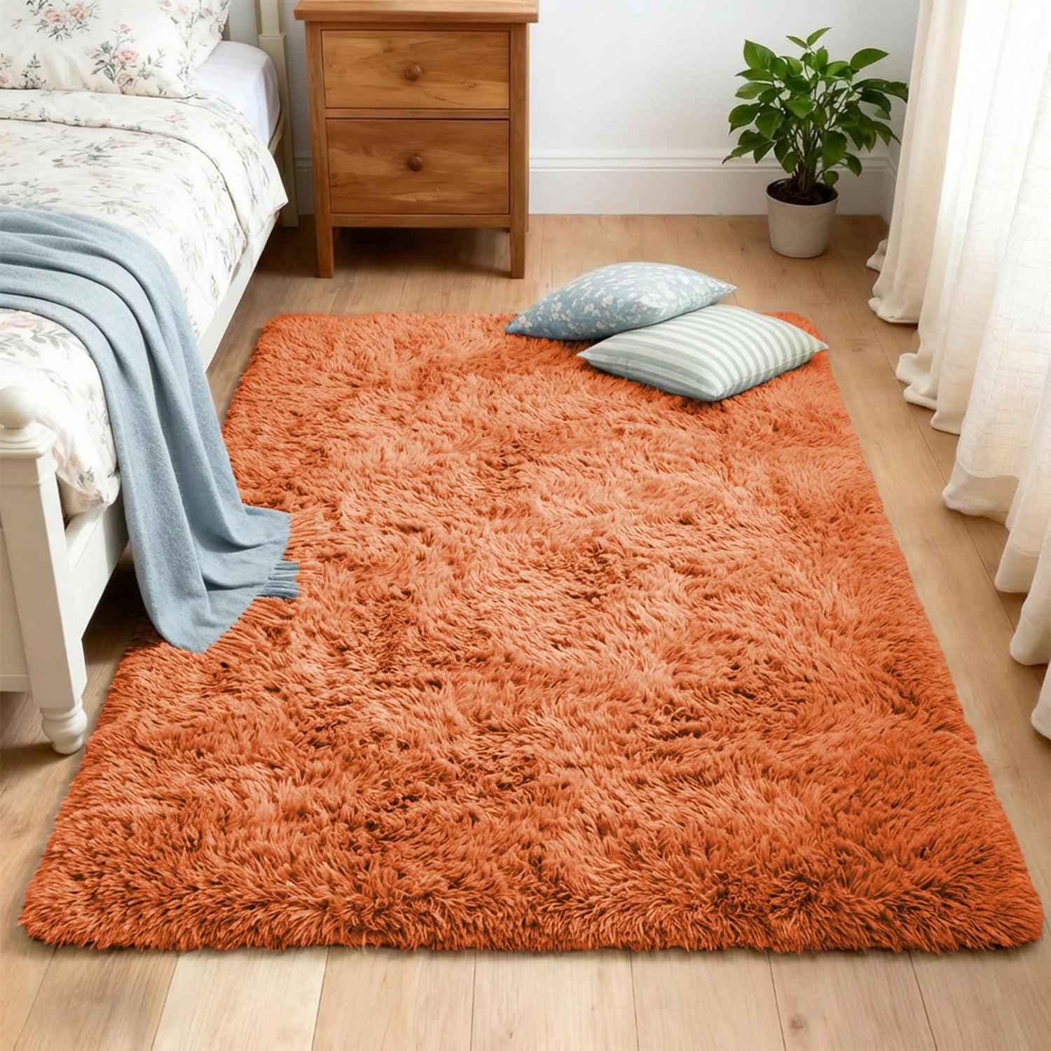 Rust Shaggy Fluffy Rug Carpet - Cozy Living Room Decor