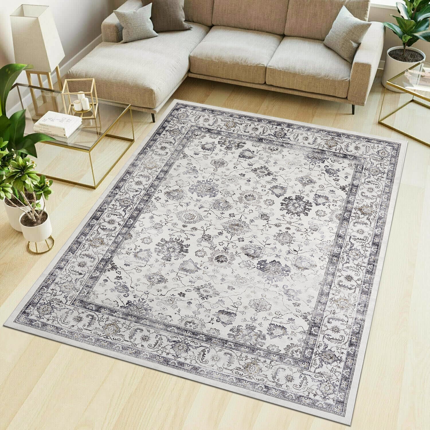 Grey & Ivory Distressed Persian Floral Washable Rug - Traditional All-Over Border Carpet